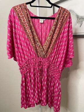 🎯Boho V-Neck Smocked Waist Pink Tunic Top